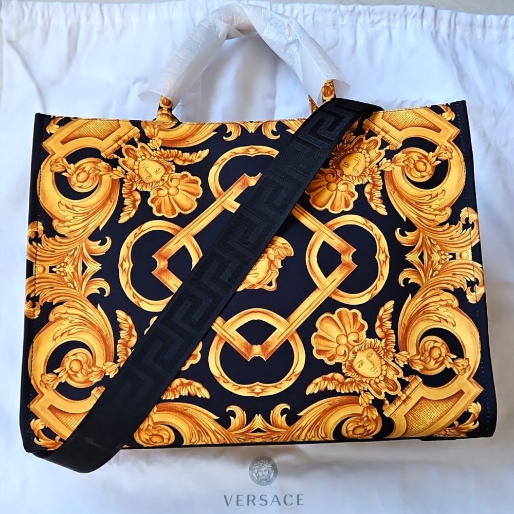 NWT Versace Baroque Print Tote Bag - Black and Gold W/Dustbag